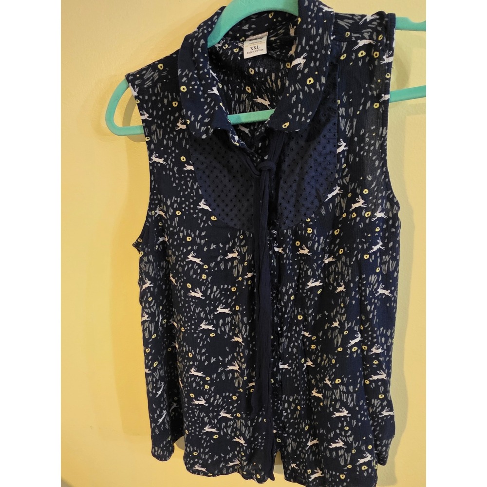 Disney LC Lauren Conrad Navy Rabbit Print Sleeveless Tie Neck Blouse XXL